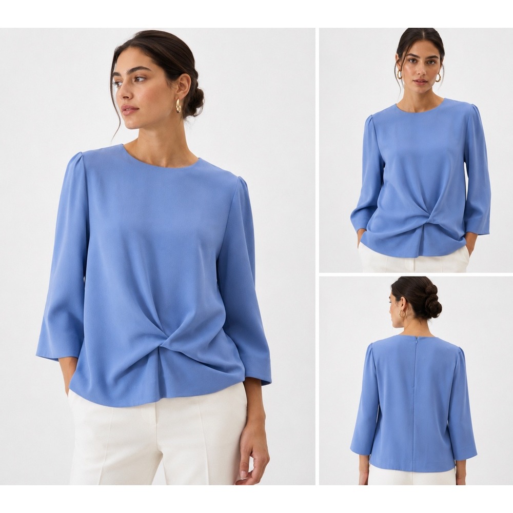 COS Blue Twist Front 3/4 Sleeve Blouse Round Neck Crepe Top US 8 periwinkle